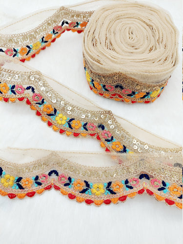 9 Yards Scallop Sequin Floral Border, Beige Shimmer Tissue Fabric Lace Trim Flowers Embroidery, Floral Sari Trimming